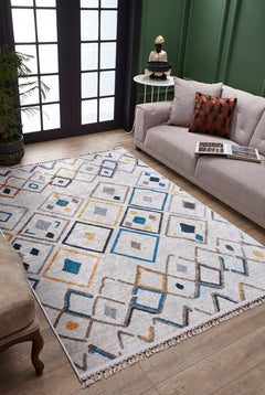 Cream Geometric Area Rug - Digital Print Non Slip Washable Carpet for Living Room