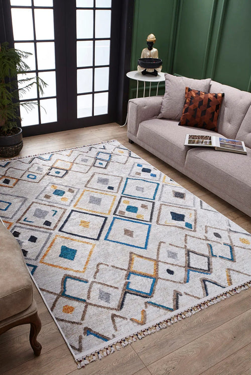 Cream Geometric Area Rug - Digital Print Non Slip Washable Carpet for Living Room