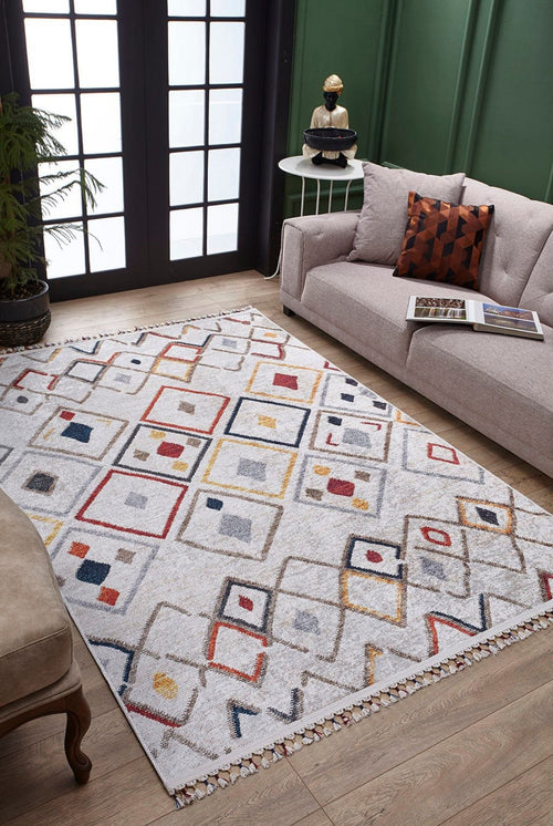 Geometric Area Rug – Cream Digital Print Carpet, Antibacterial Non Slip Mat