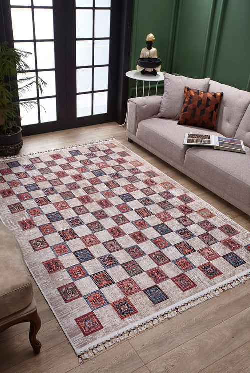 Red Geometric Area Rug - Koronowo Digital Print Non Slip Carpet for Modern Living Room