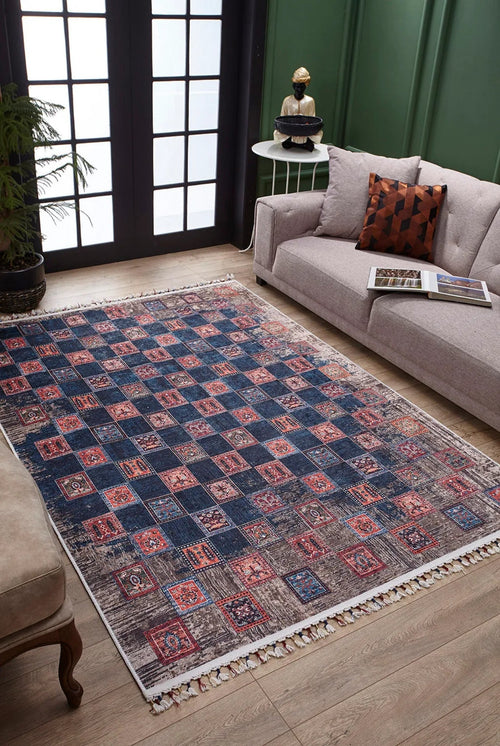 Navy Geometric Area Rug – Non Slip Carpet With Digital Print Technology, Antibacterial Design