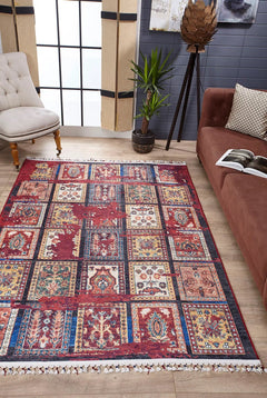Red Patchwork Area Rug - Digital Print Rug | Antibacterial, Non Slip Carpet
