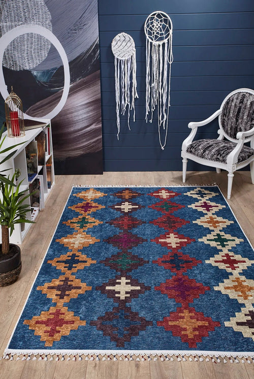 Navy Geometric Area Rug - Non Slip Carpet with Digital Print for Modern Living Room Decor