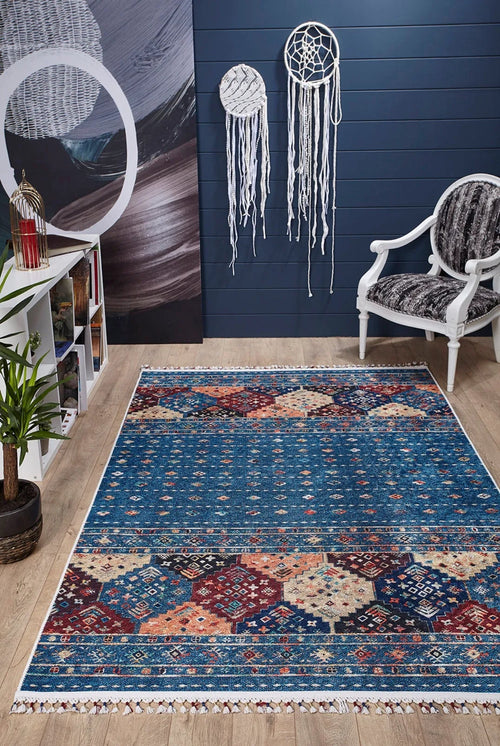 Blue Geometric Area Rug – Digital Print, Non Slip, Antibacterial Carpet for Living Room