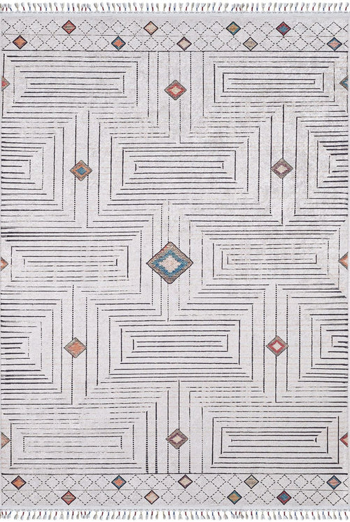Beige Geometric Area Rug – Digital Print Non Slip Washable Floor Carpet