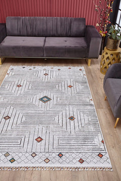 Beige Geometric Area Rug – Digital Print Non Slip Washable Floor Carpet