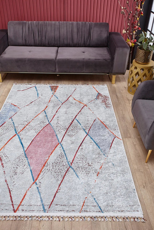Geometric Area Rug - Cream Digital Print Carpet | Non Slip, Antibacterial, Washable