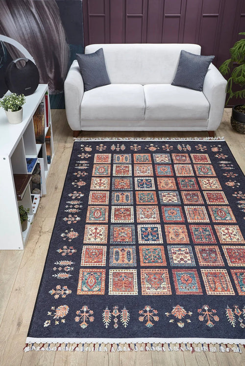 Black Geometric Area Rug - Digital Print Non Slip Carpet for Modern Living Room