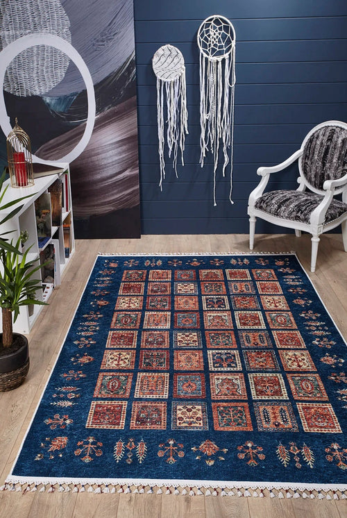 Navy Geometric Area Rug - Digital Print, Non Slip, Antibacterial Carpet