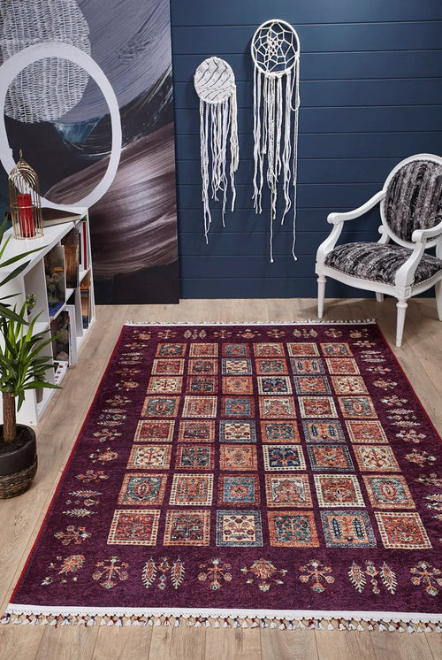 Burgundy Geometric Area Rug - Digital Print, Non Slip, Antibacterial Carpet