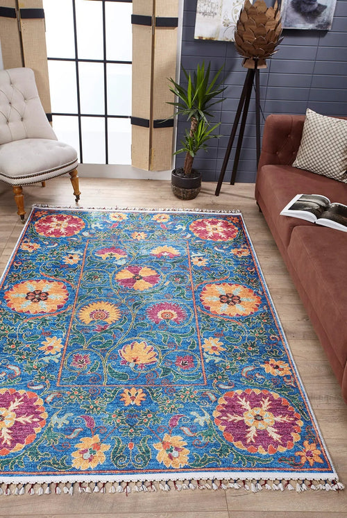 Blue Floral Area Rug – Digital Print, Non Slip, Antibacterial Carpet for Living Room