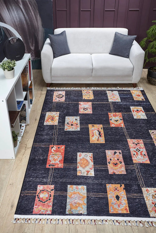 Black Geometric Area Rug - Digital Print Non Slip Carpet for Living Room