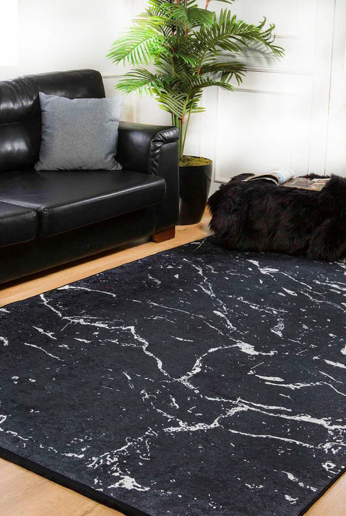 Black Marble Area Rug – Digital Print Rug, Non Slip Carpet for Living Room