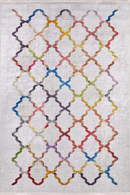 Geometric Area Rug - White Digital Print Rug with Non Slip, Antibacterial Design