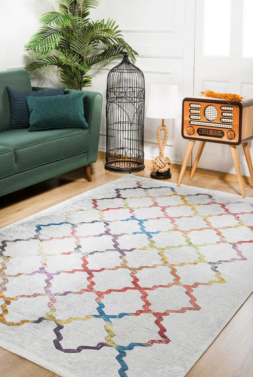Geometric Area Rug - White Digital Print Rug with Non Slip, Antibacterial Design