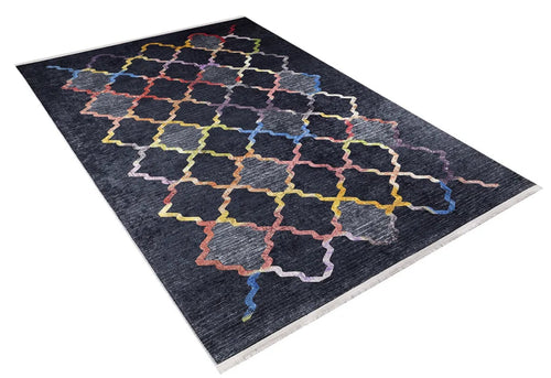Black Geometric Area Rug - Digital Print Non Slip Washable Carpet for Living Room