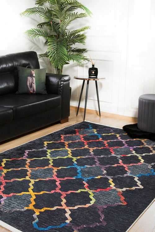 Black Geometric Area Rug - Digital Print Non Slip Washable Carpet for Living Room