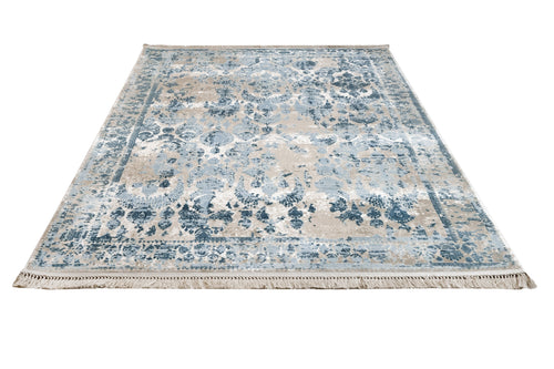 Vintage Viscose Area Rug – Blue Machine Made Rug With Fringed Edge Carpet
