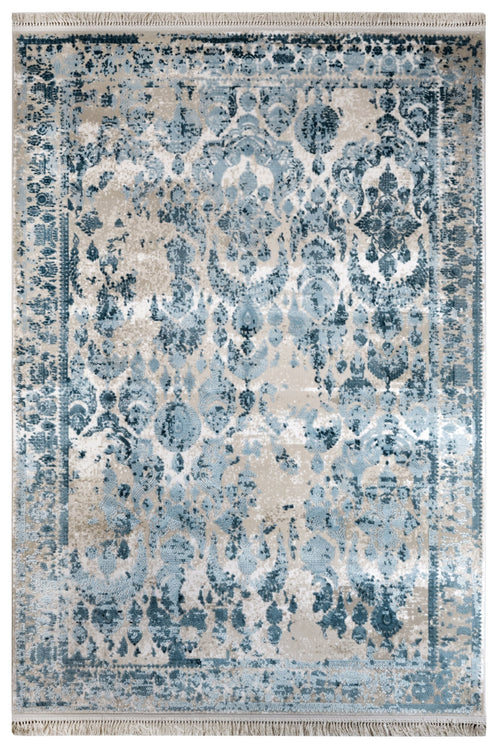 Vintage Viscose Area Rug – Blue Machine Made Rug With Fringed Edge Carpet