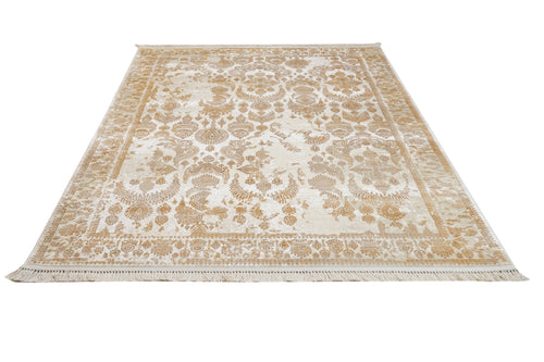 Vintage Viscose Area Rug – Beige Machine Made Rug With Fringed Edges