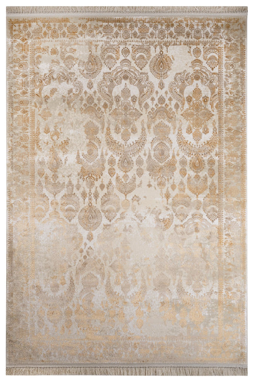 Vintage Viscose Area Rug – Beige Machine Made Rug With Fringed Edges