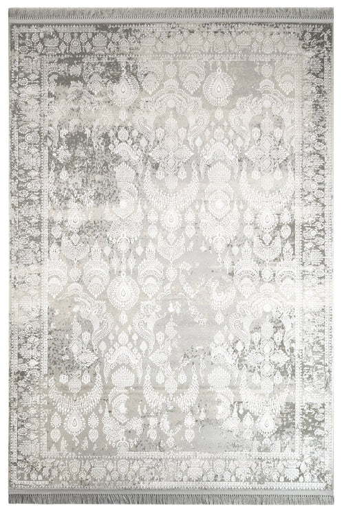 Vintage Viscose Area Rug – Machine Made Cream Rug with Fringed Edge for Living Room