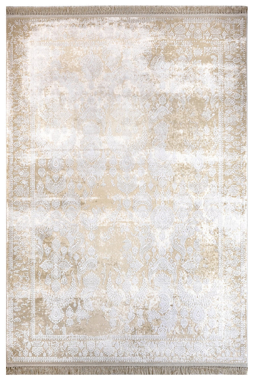 Vintage Viscose Area Rug – Beige Machine Made Rug With Fringed Edge Carpet