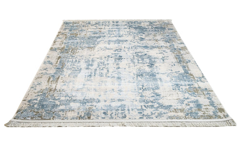 Vintage Viscose Area Rug – Blue Machine Made Rug with Fringed Edges