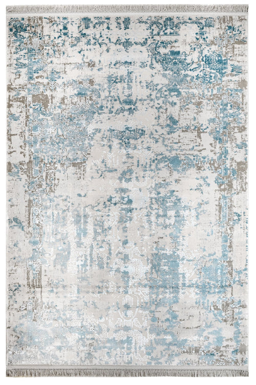 Vintage Viscose Area Rug – Blue Machine Made Rug with Fringed Edges