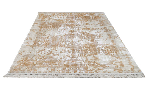 Vintage Viscose Area Rug – Gold Machine Made Rug with Fringed Edge for Stylish Living Room