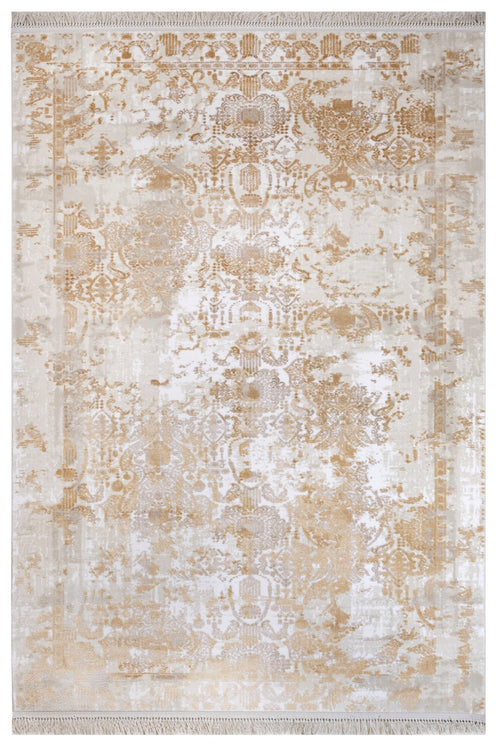 Vintage Viscose Area Rug – Gold Machine Made Rug with Fringed Edge for Stylish Living Room