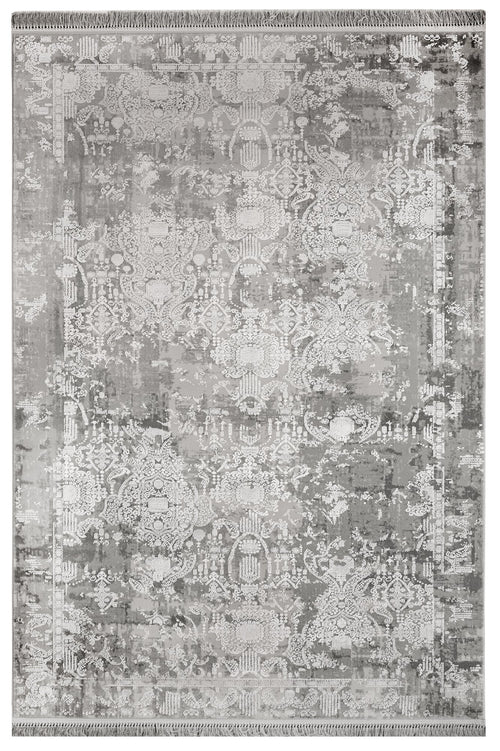 Vintage Viscose Rug - Machine Made Grey Area Rug with Fringed Edge for Living Room