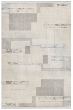 Grey Geometric Area Rug - Machine Made Viscose Carpet With Fringed Edges