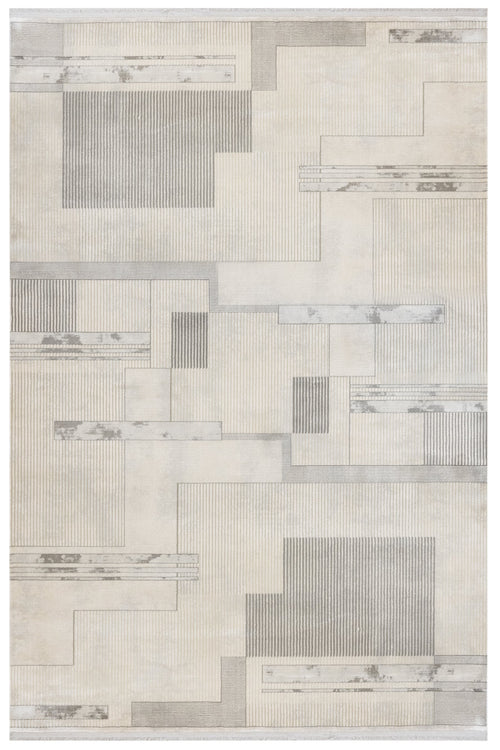 Grey Geometric Area Rug - Machine Made Viscose Carpet With Fringed Edges