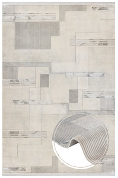 Grey Geometric Area Rug - Machine Made Viscose Carpet With Fringed Edges