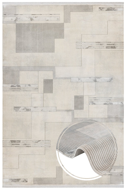 Grey Geometric Area Rug - Machine Made Viscose Carpet With Fringed Edges