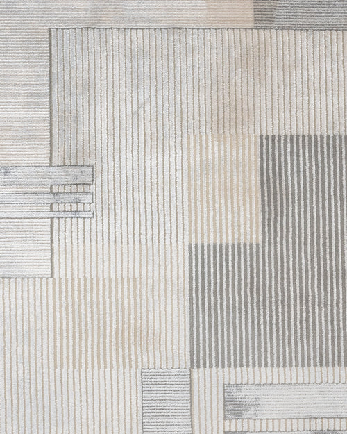 Grey Geometric Area Rug - Machine Made Viscose Carpet With Fringed Edges