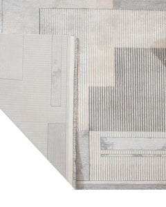 Grey Geometric Area Rug - Machine Made Viscose Carpet With Fringed Edges