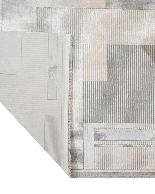 Grey Geometric Area Rug - Machine Made Viscose Carpet With Fringed Edges