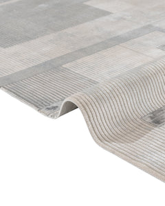 Grey Geometric Area Rug - Machine Made Viscose Carpet With Fringed Edges