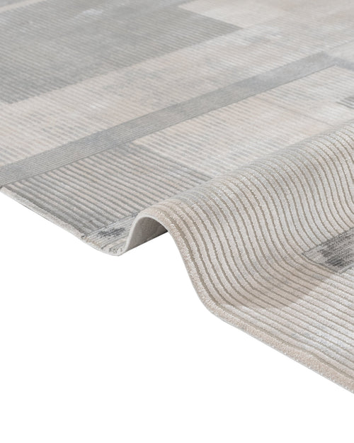 Grey Geometric Area Rug - Machine Made Viscose Carpet With Fringed Edges