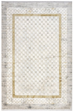 Gold Geometric Area Rug – Machine Made Viscose Carpet with Fringed Edges