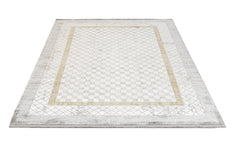 Gold Geometric Area Rug – Machine Made Viscose Carpet with Fringed Edges