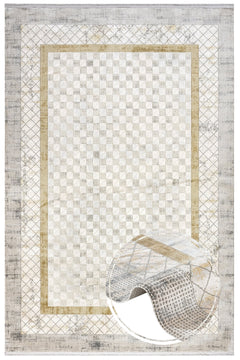 Gold Geometric Area Rug – Machine Made Viscose Carpet with Fringed Edges