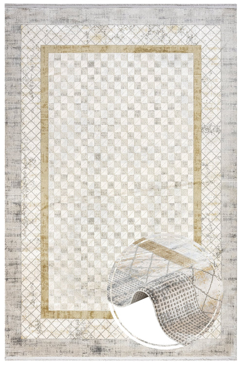 Gold Geometric Area Rug – Machine Made Viscose Carpet with Fringed Edges