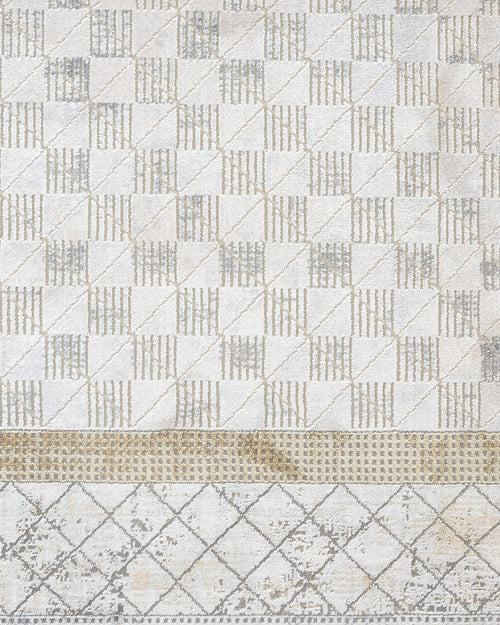 Gold Geometric Area Rug – Machine Made Viscose Carpet with Fringed Edges