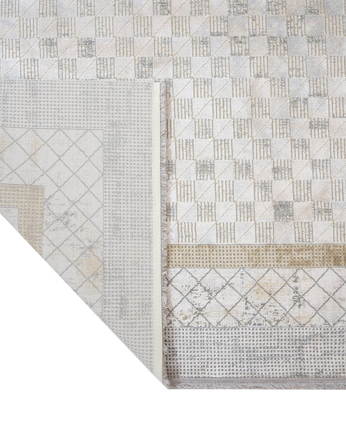 Gold Geometric Area Rug – Machine Made Viscose Carpet with Fringed Edges