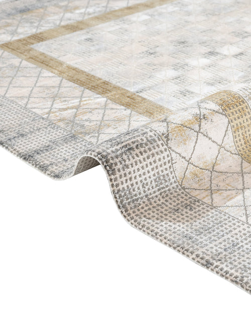 Gold Geometric Area Rug – Machine Made Viscose Carpet with Fringed Edges