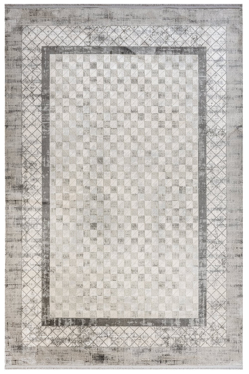 Grey Geometric Area Rug – Machine Made Viscose Carpet with Fringed Edges