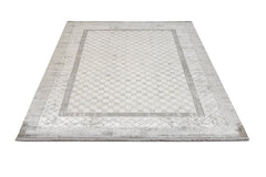 Grey Geometric Area Rug – Machine Made Viscose Carpet with Fringed Edges
